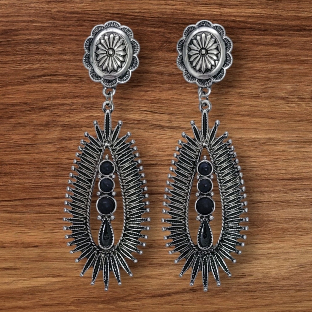 Western Black Stone Petit Point And Concho Earrings New